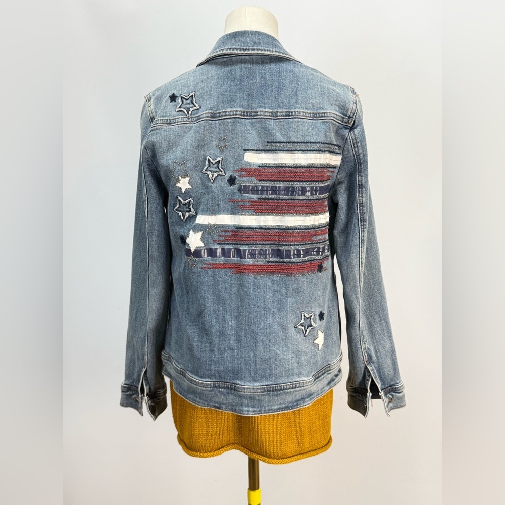 CHICO'S Medium Blue Denim Jacket with flag embroidery size S - Picture 8 of 15